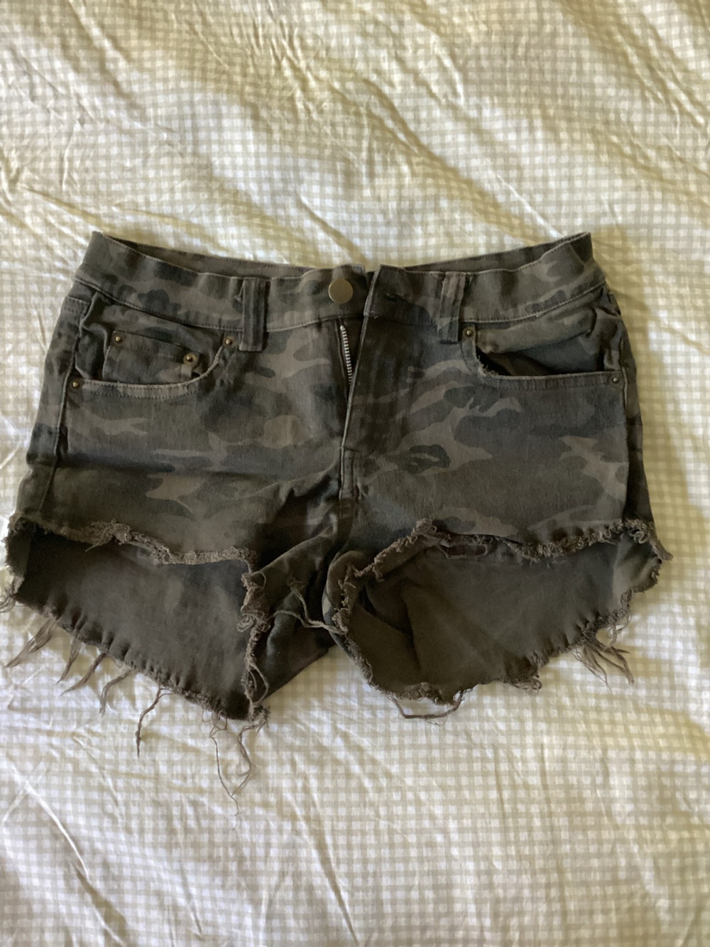 Olivaceous Olive Camo Frayed Denim Cutoff Shorts